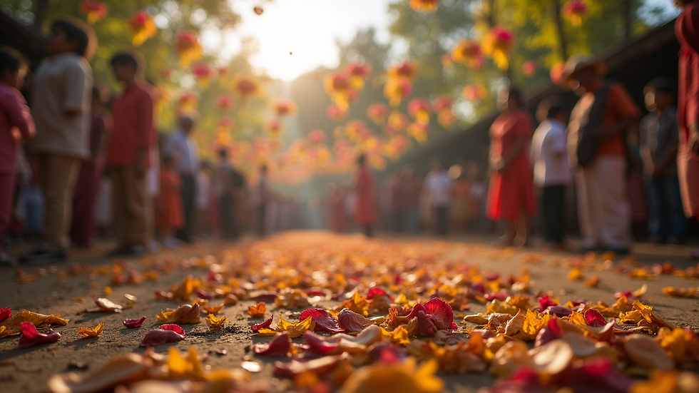 Eye-level view of a community gathering outdoors with traditional decorations