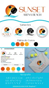 Criação de Logotipo Identidade Visual Logomarca de arena de beach tennis campo de futebol esportes sunset com raquete de tenis azul e laranja criativo