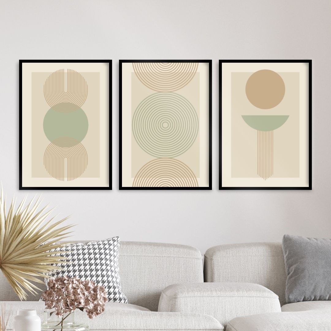 Arte Digital Imagem para Quadro Decorativo para Imprimir 3 Abstrato Geométrico Círculos e Linhas - Verde e Bege
