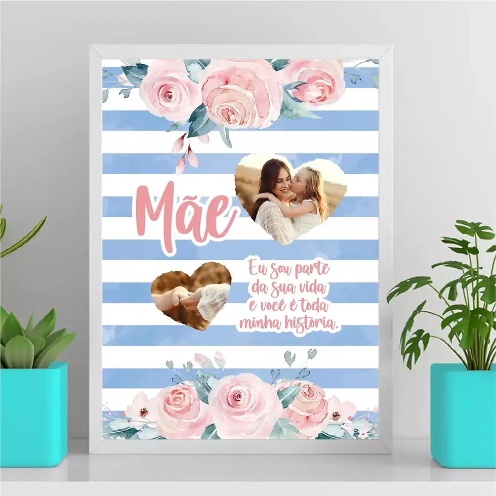Miniatura: Mãe você é toda minha história  - Flores rosa e azul - 2 fotos coração