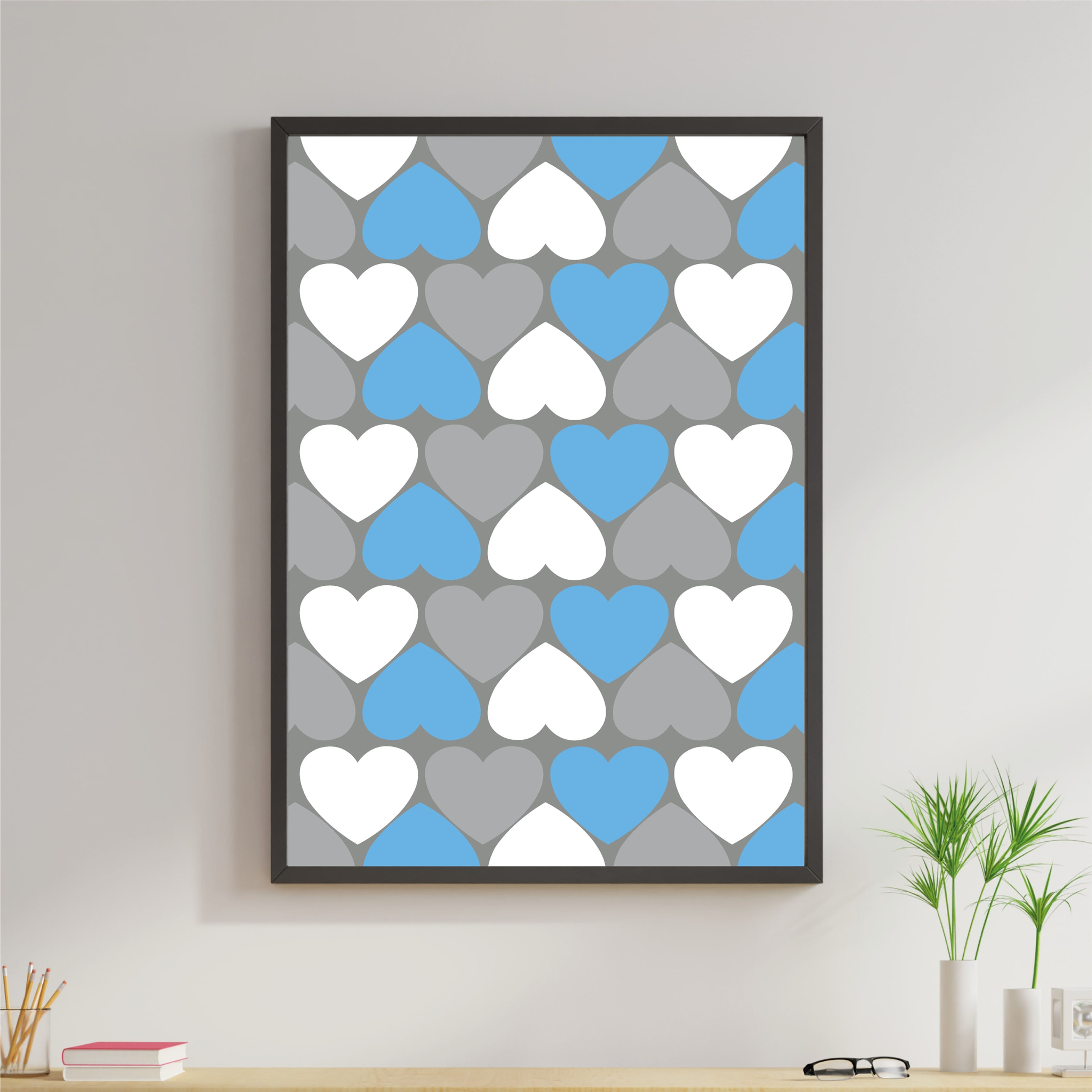 Corações - Branco Azul e Cinza