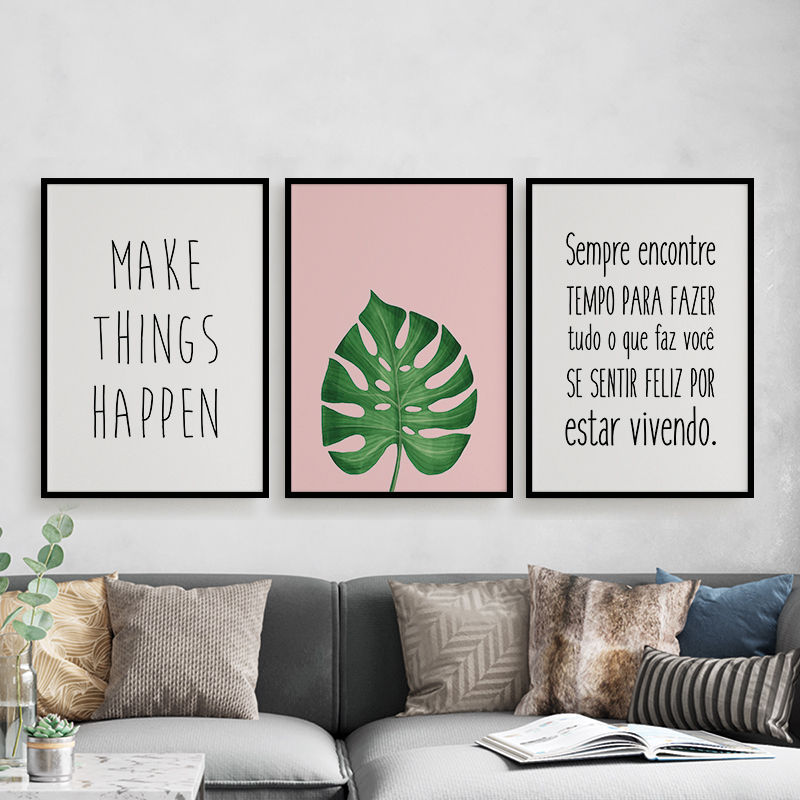 Artes digitais para quadros com as frases make things happen e feliz por estar vivendo no meio uma folha verde com fundo rosa