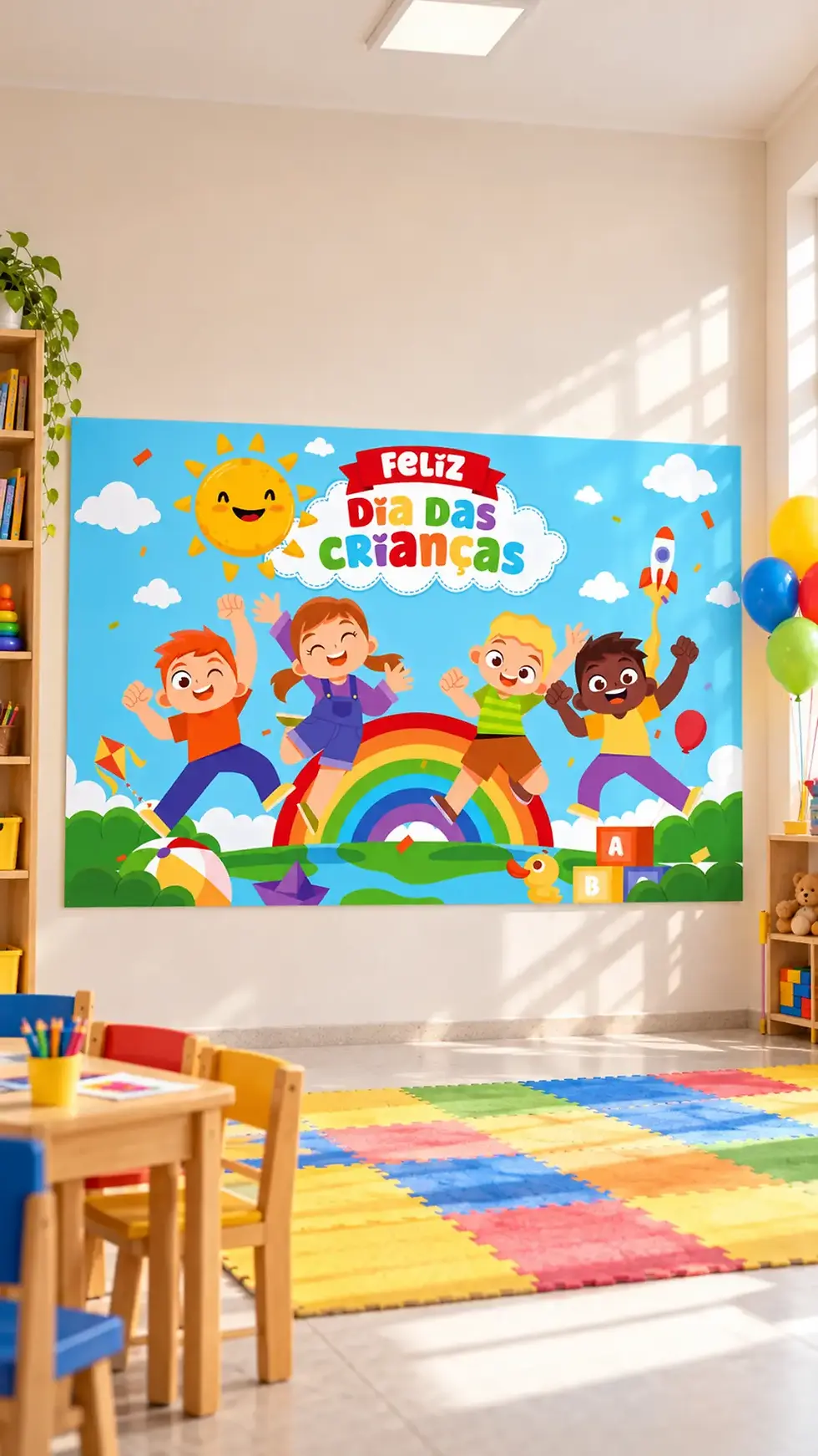 Painel gigante de Dia das Crianças para imprimir grátis decoração para data comemorativa painel com folhas sulfite coladas pronto para montar e comemorar festa para baixar agora