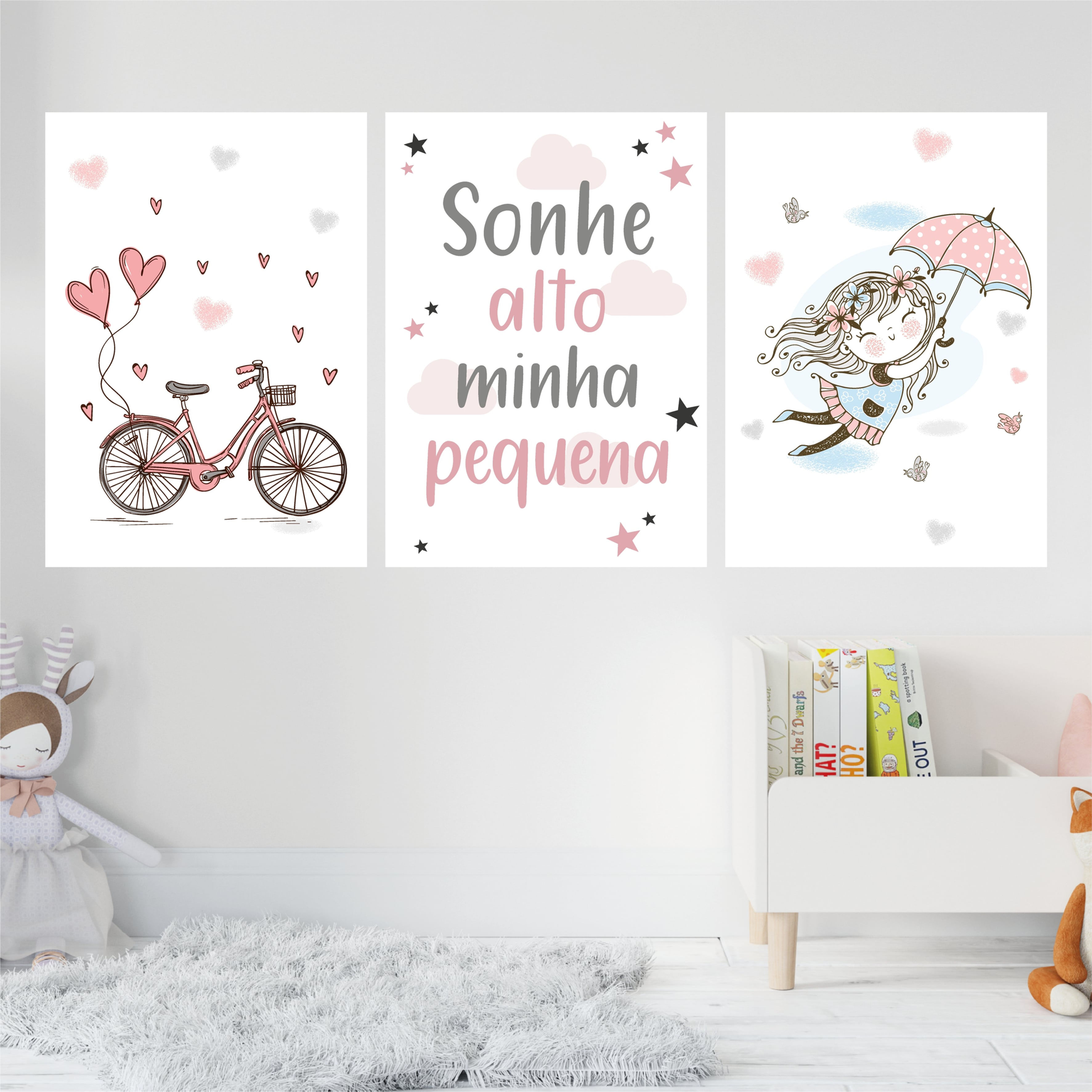 Menina Guarda Chuva - Sonhe alto minha pequena - Bicicleta balões coração