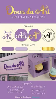 Identidade Visual e Logotipo para empresa Confeitaria Confeiteira Loja de Doces Lilás Roxo e Dourado Fofa Delicada