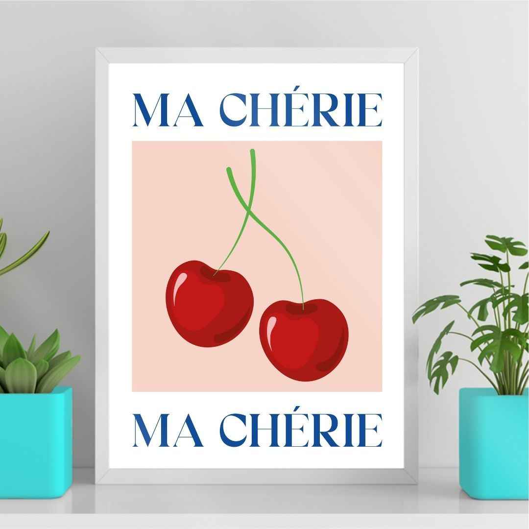 Arte Digital Imagem para Quadro Decorativo para Imprimir com frase Ma chérie Cereja - Rosa e Azul Vintage