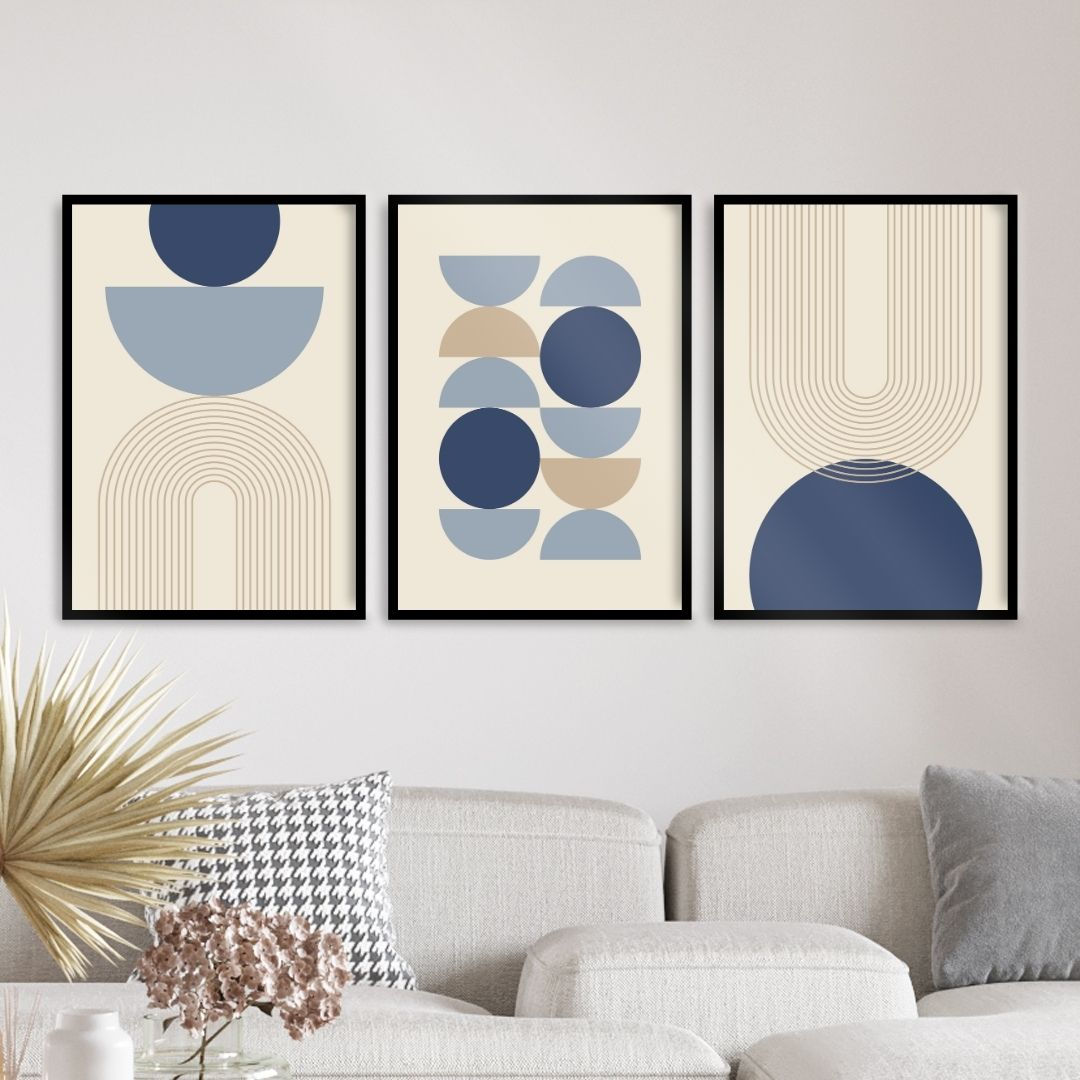 Arte Digital Imagem para Quadro Decorativo para Imprimir 3 Abstrato Geométrico  Círculos e Arcos - Azul e Bege