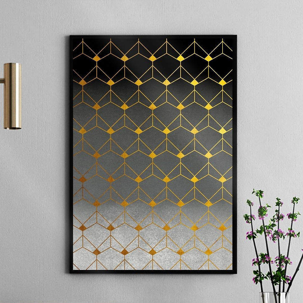 Arte Digital Imagem para Quadro Decorativo para Imprimir Abstrato Hexágonos Geométricos - Dourado Cinza e Preto Luxo Chic