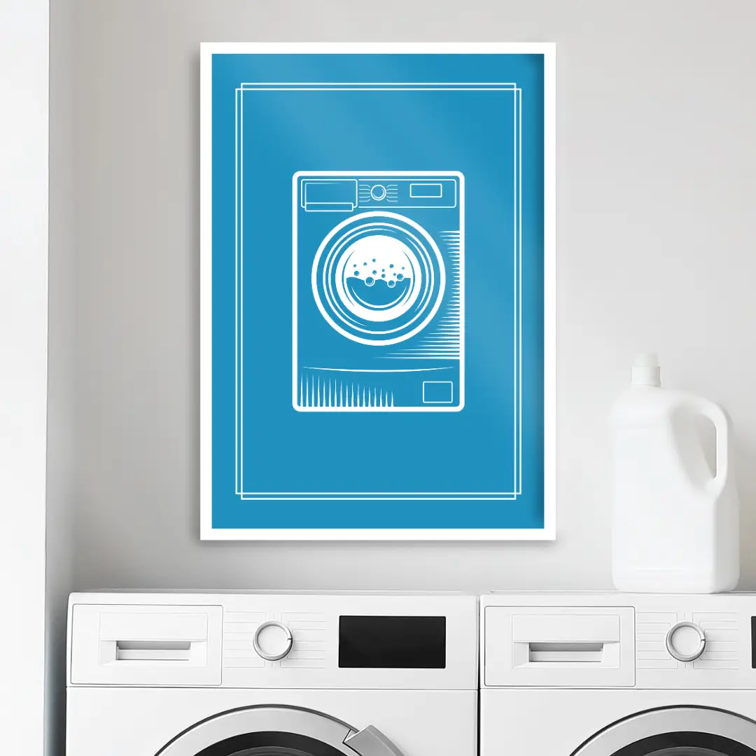 Imagem grátis para quadro decorativo em pdf para imprimir e decorar Lavanderia Máquina de Lavar Azul e Branco