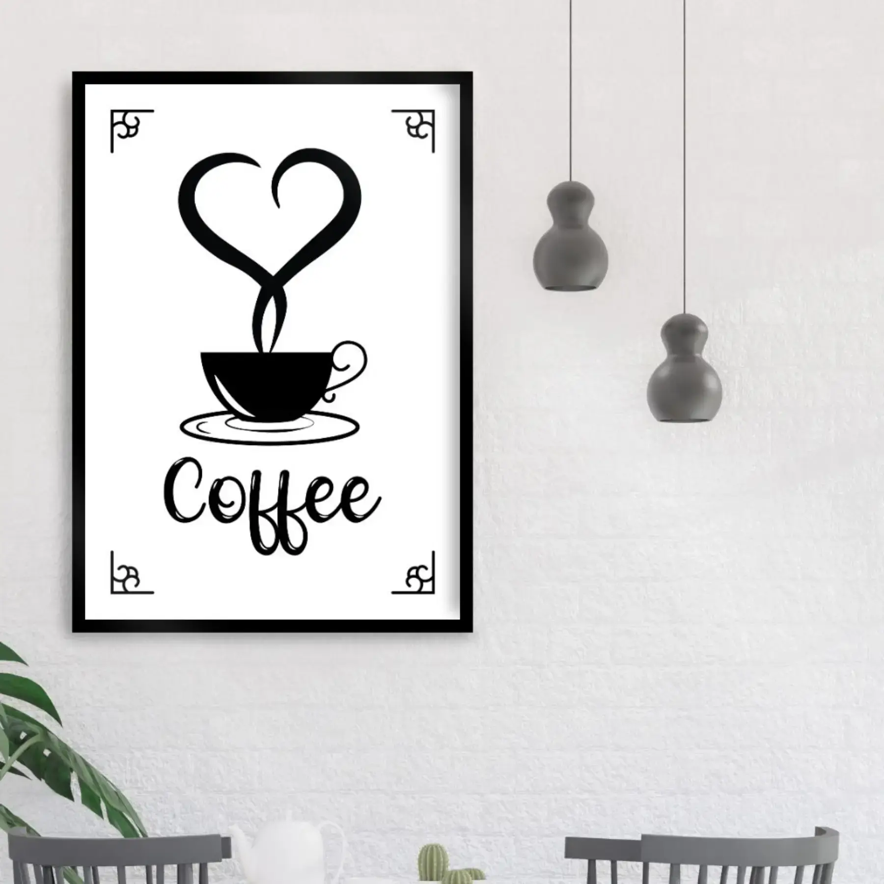 Arte digital para quadros decorativo pra cozinha com palavra Coffee e uma xícara de café com Fumaça de coração Branco e Preto