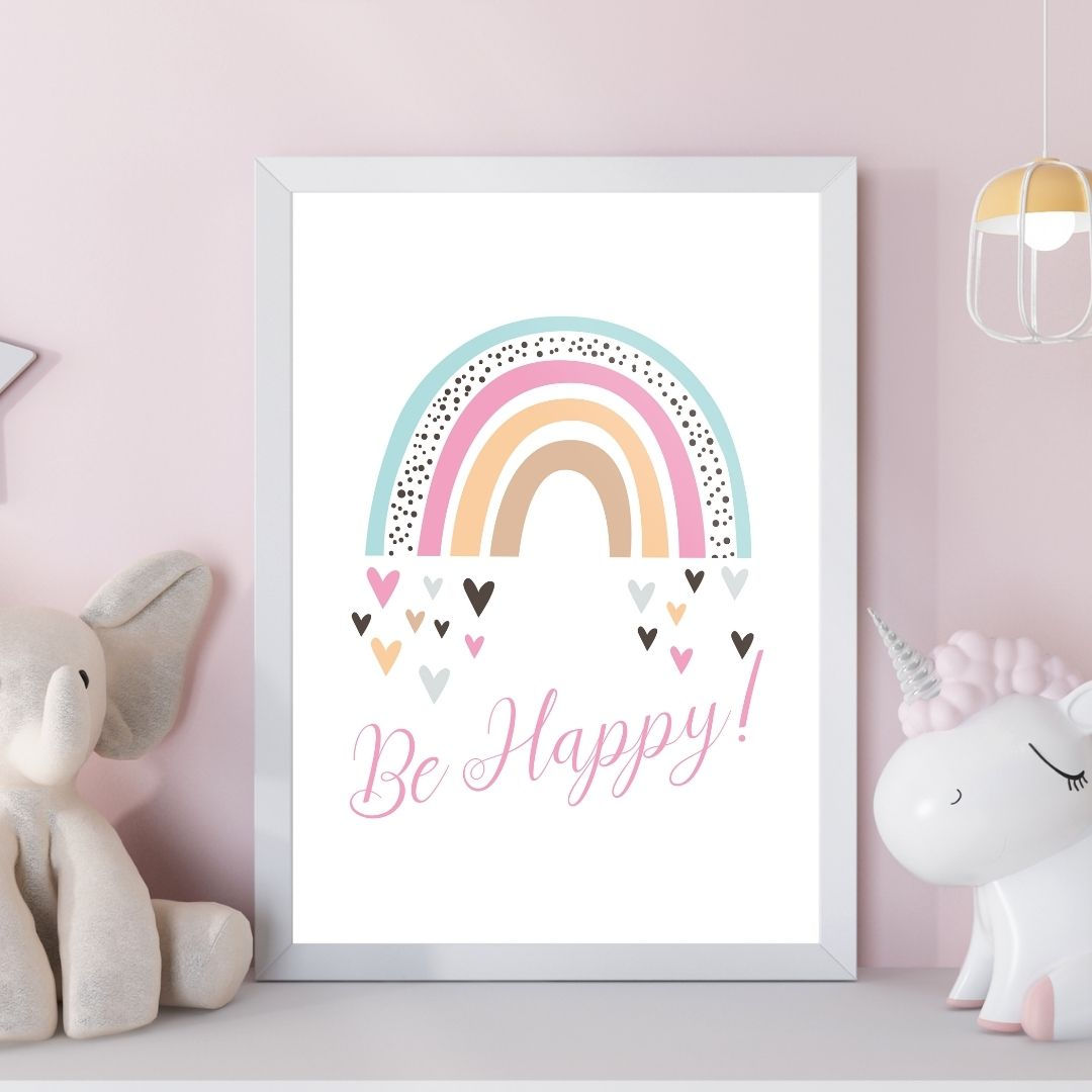 Arte Digital Imagem para Quadro Decorativo para Imprimir com frase Be Happy Arco Íris Colorido Quarto Infantil de menina
