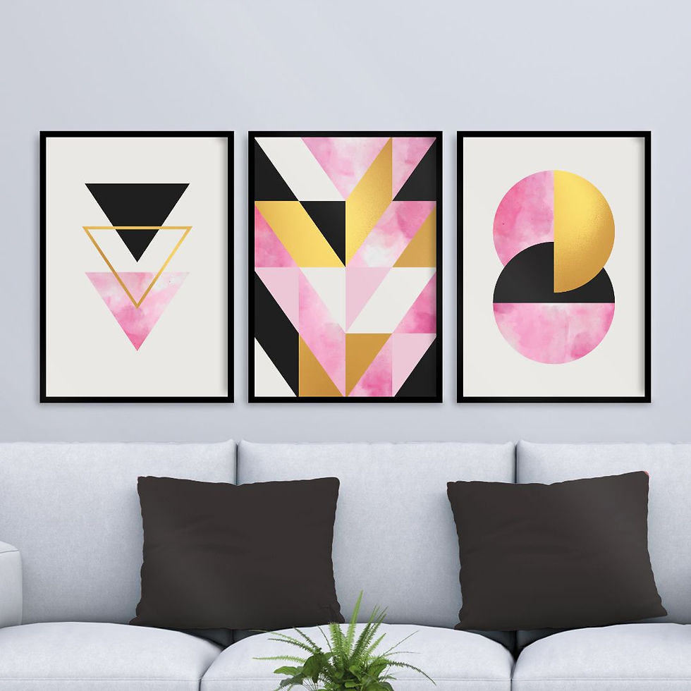 Arte Digital Imagem para Quadro Decorativo para Imprimir Geométrico Luxo Círculos Entrelaçados Triângulos Dourado Rosa Preto