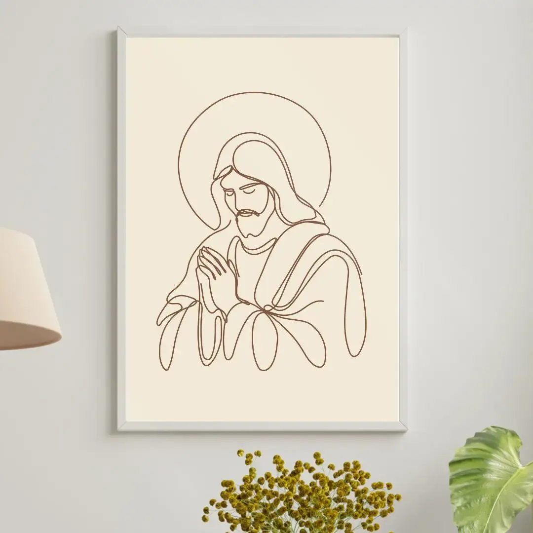 Arte Digital Imagem para Quadro Decorativo para Imprimir Religioso Jesus Abstrato Desenho One Line minimalista Branco e Preto