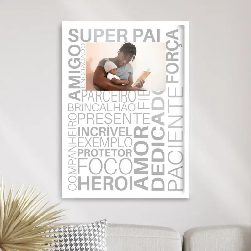 Arte digital para quadro decorativo para imprimir com palavras Super Pai - Qualidades  com 1 fotopara presente de dia dos pais