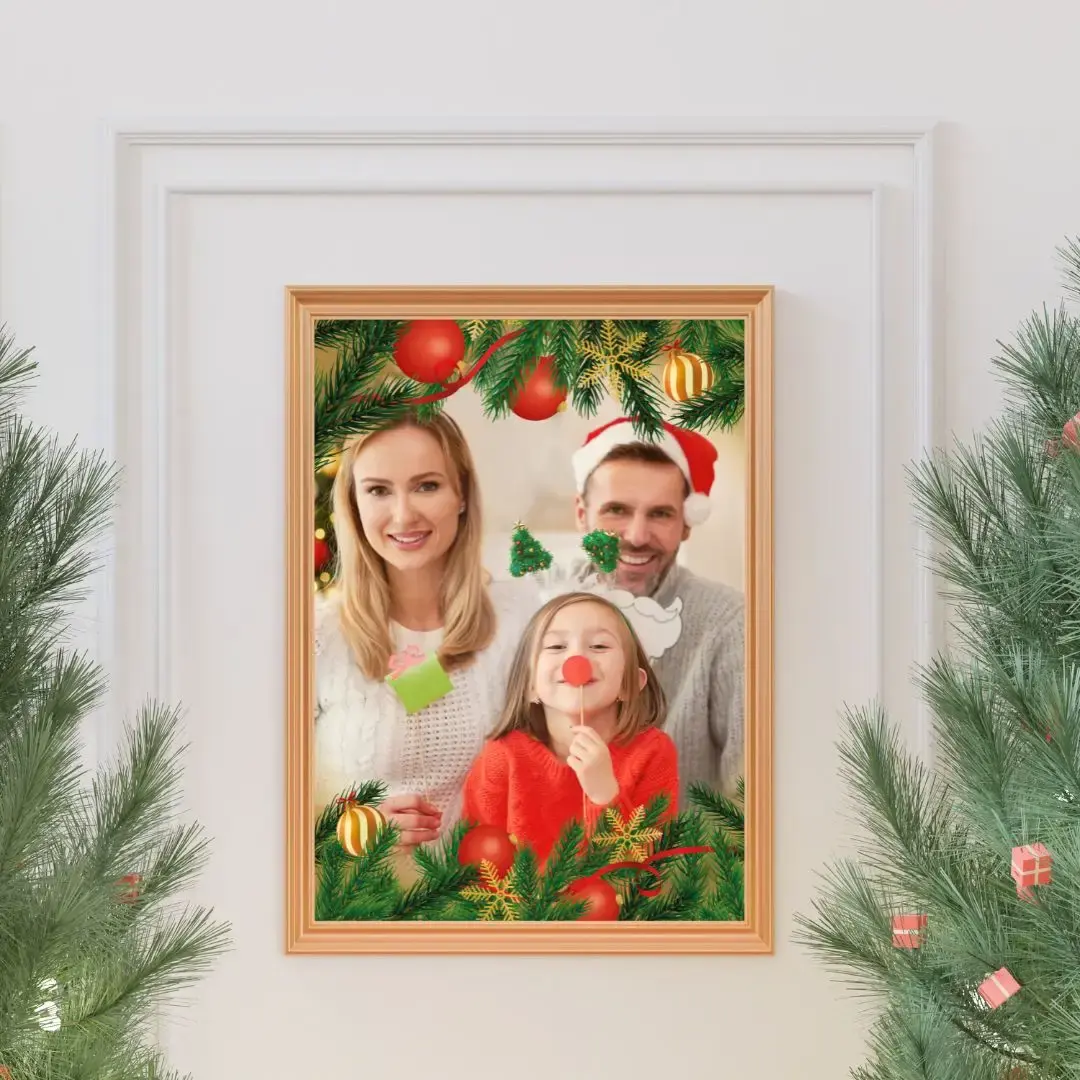 Arte Digital para Quadro Decorativo de Natal personalizado para Imprimir com Folhagem de Natal com foto e fundo degradê