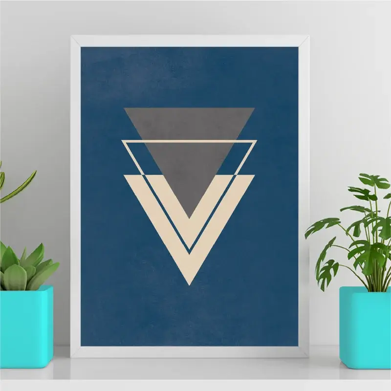 Arte para quadro Geométrico com triângulos nas cores Azul Bege e Cinza