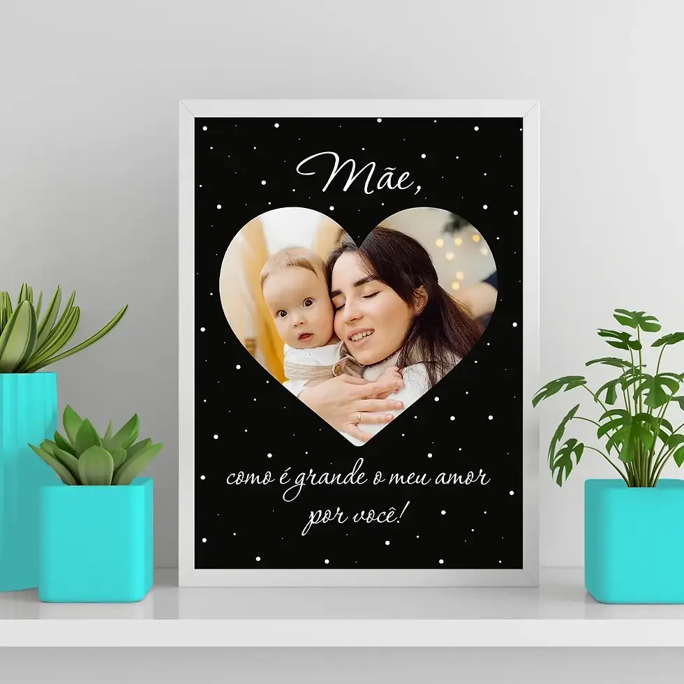 Arte digital para quadro decorativo para imprimir com frase Mãe como é grande o meu amor por você com Foto coração e fundo Preto para presente de dia das mães