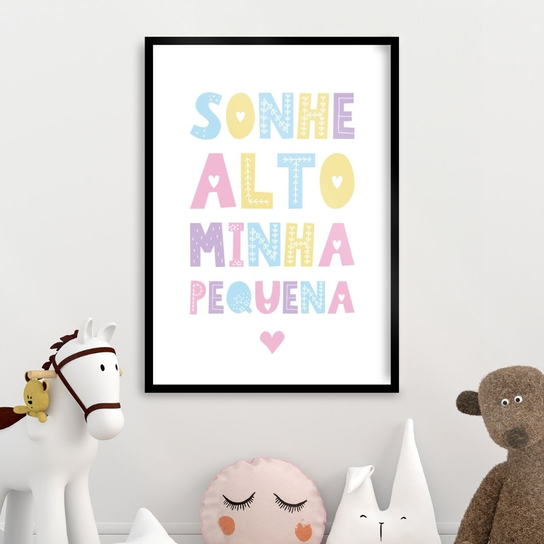 Arte Digital Imagem para Quadro Decorativo para Imprimir com frase Sonhe alto minha pequena Escandinavo Quarto Infantil Rosa
