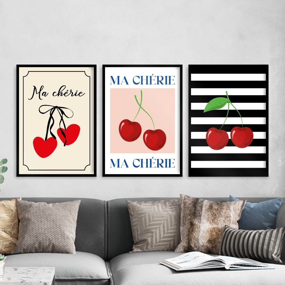Arte Digital Imagem para Quadro Decorativo para Imprimir com frase Cereja - Listras Preto e Branco - Ma chérie Laço Vintage