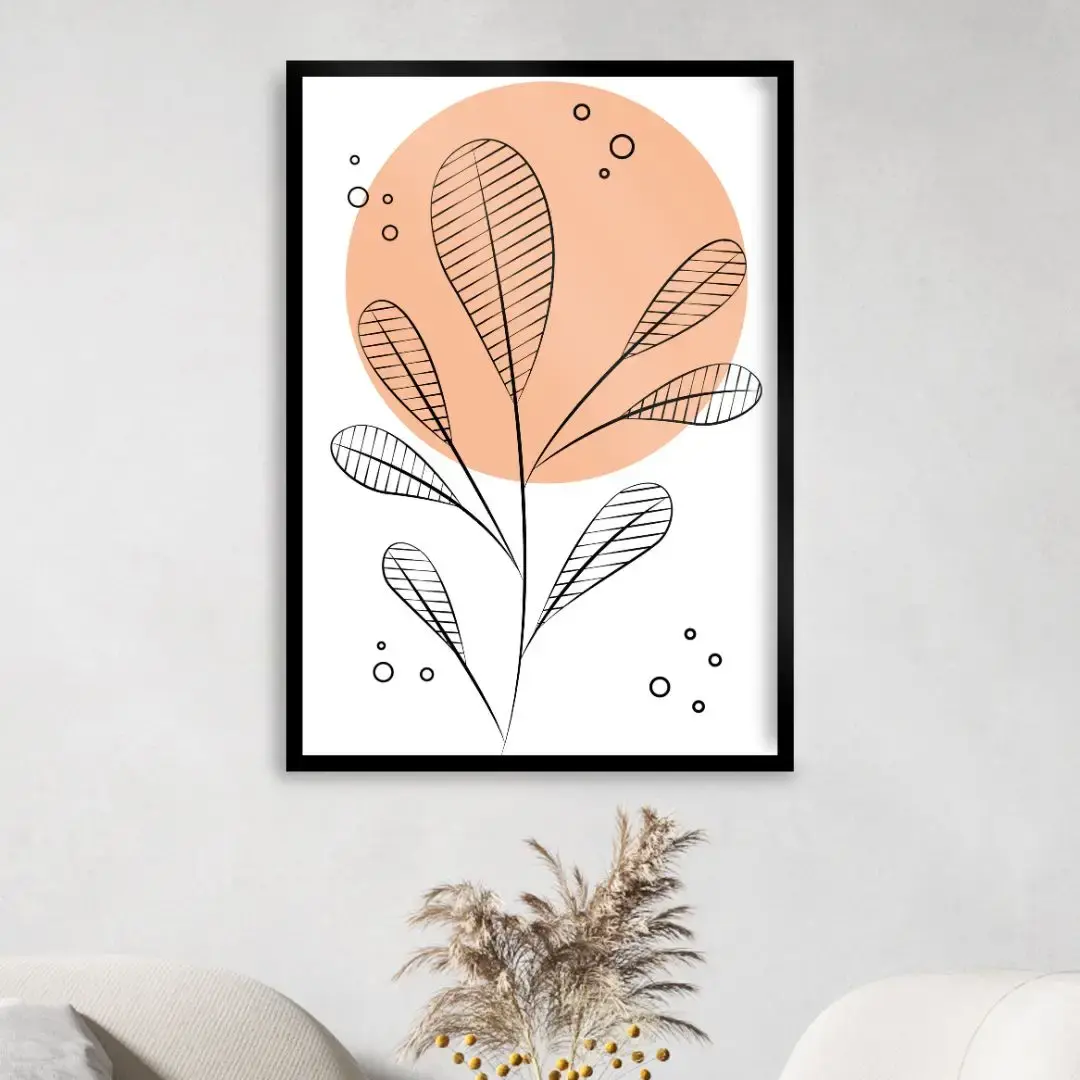 Arte Digital Imagem para Quadro decorativo para imprimir com  folhas e círculo rosa peach fuzz minimalista simples cor do ano
