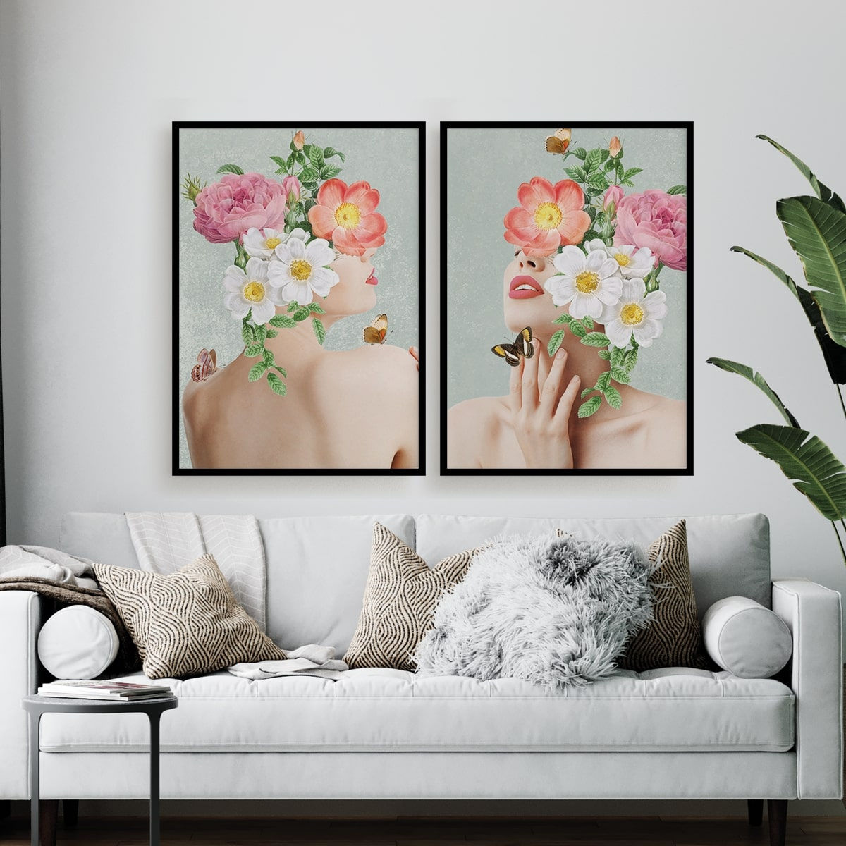 Mulher com flores e borboletas - Fundo Cinza