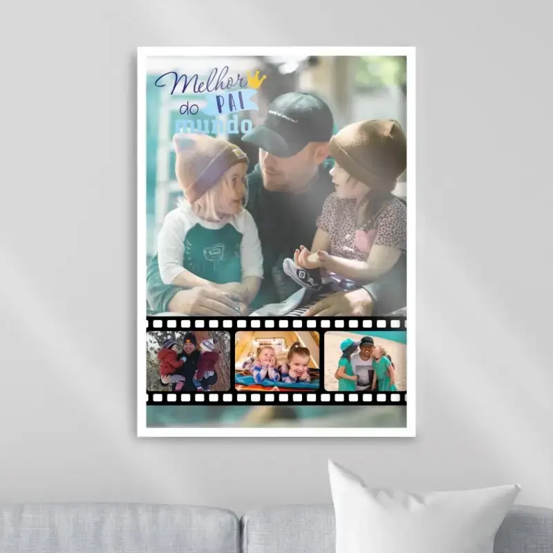 Arte digital para quadro decorativo para imprimir com frase Melhor pai do mundo com 4 fotos em forma de filme para presente de dia dos pais