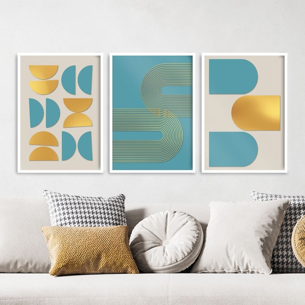 Arte Digital Imagem para Quadro Decorativo para Imprimir 3 Abstrato Geométrico Bauhaus Arcos Cinza Dourado Turquesa Luxo Chic