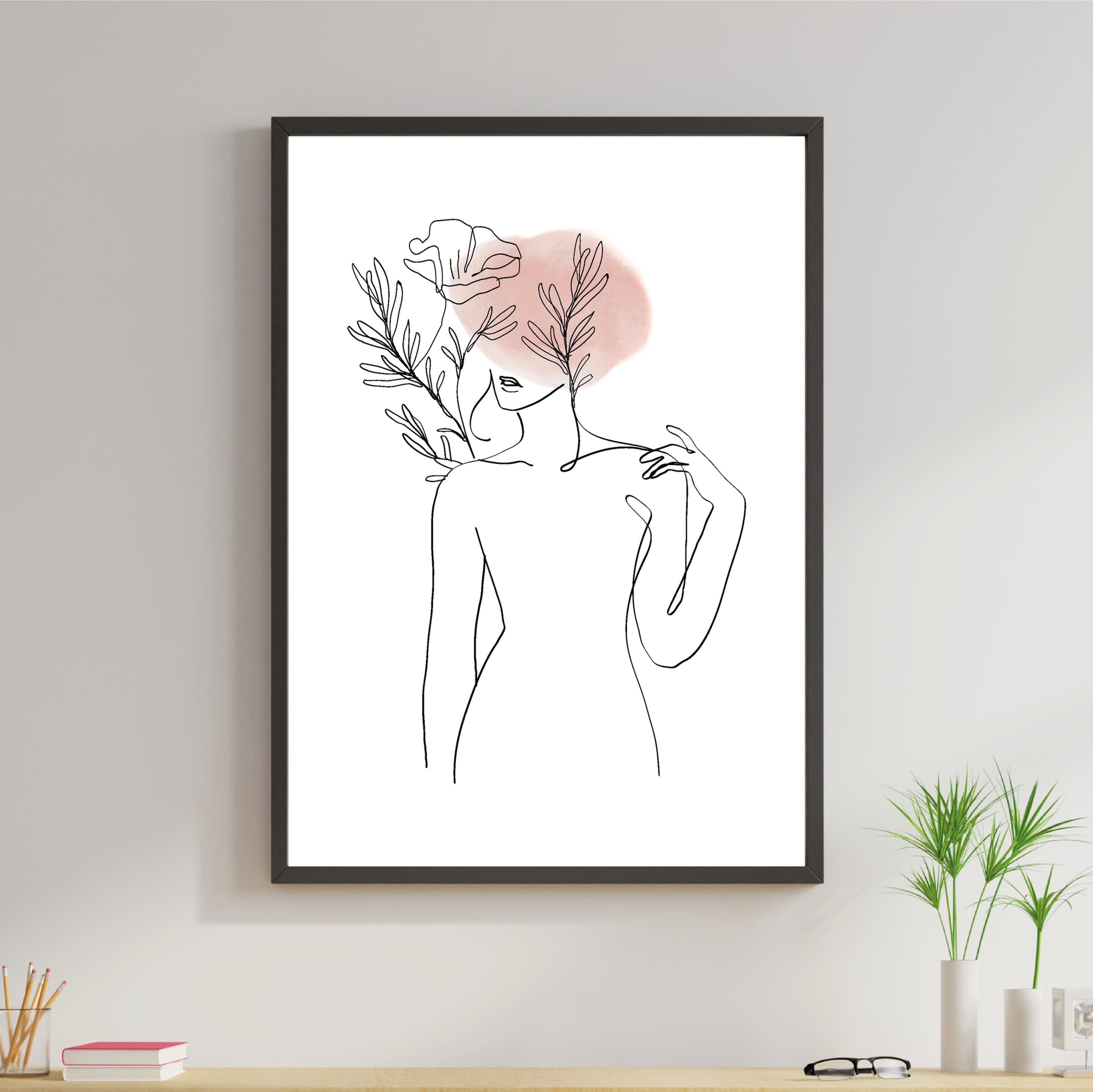 Mulher One Line - Uma linha contínua - Flor Folhas Aquarela