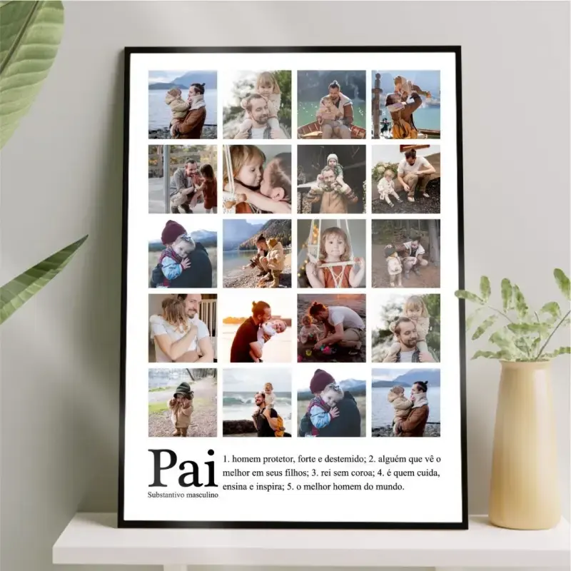 Arte digital para quadro decorativo para imprimir com frase Pai Significado com 20 fotos quadradas para presente de dia dos pais