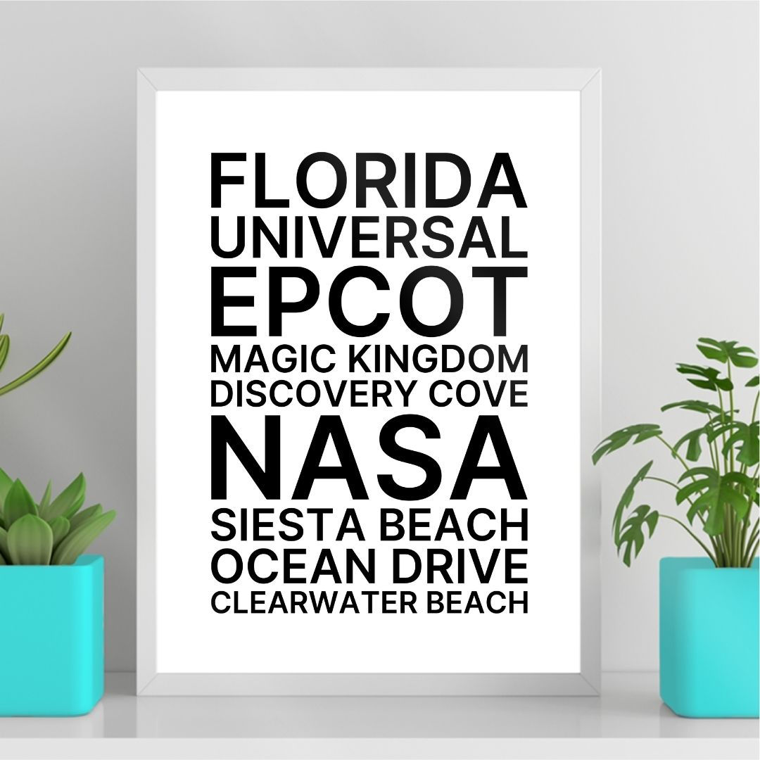 Arte Digital Imagem para Quadro Decorativo para Imprimir com frase Flórida Pontos Turísticos Minimalista Quadro Viagem