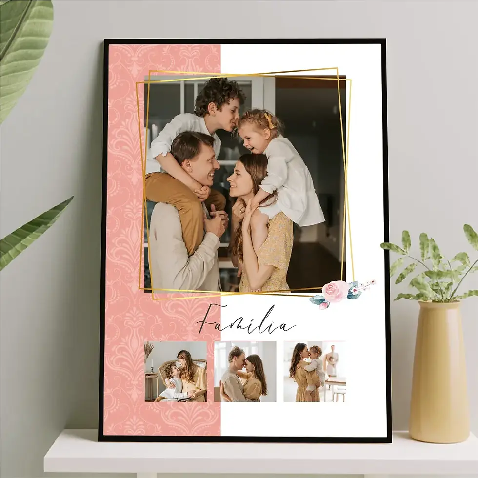 Arte digital para quadro decorativo para imprimir com colagem de 4 fotos com detalhes em arabesco  para decorar ou presentear