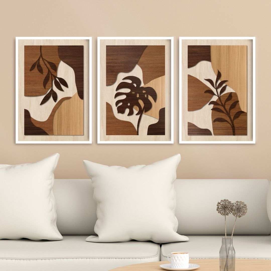 Arte Digital Imagem para Quadro Decorativo para Imprimir 3 Abstrato Madeira Folhas Costela de Adão Marrom e bege pinus