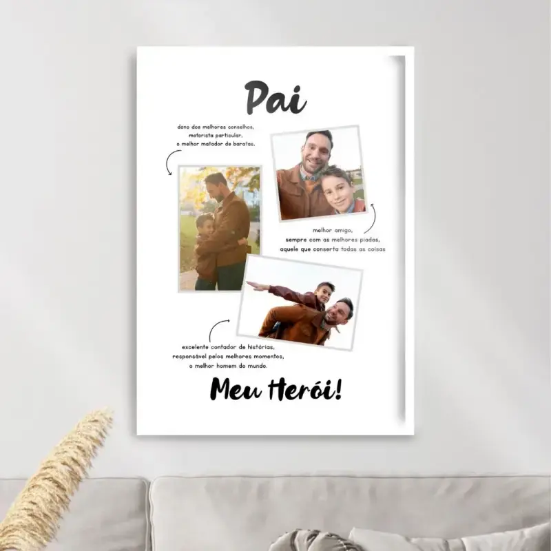 Arte digital para quadro decorativo para imprimir com frase Pai meu herói o melhor com 3 fotos polaroid e texto de declaração para presente de dia dos pais