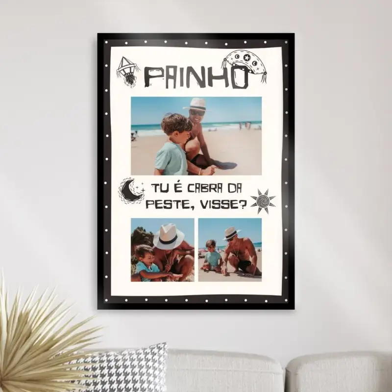 Arte digital para quadro decorativo para imprimir com frase Painho tu é cabra da peste visse estilo cordel com 3 fotos para presente de dia dos pais