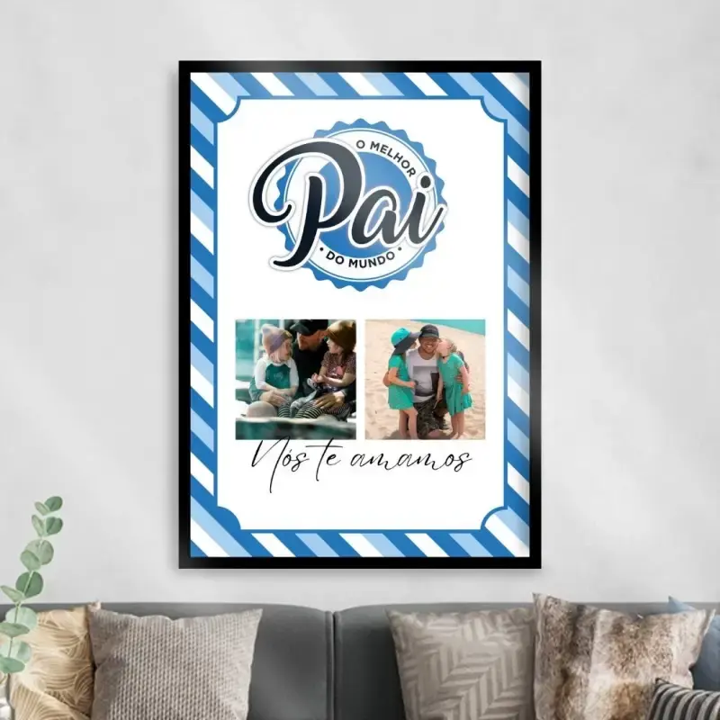 Arte digital para quadro decorativo para imprimir Selo de O melhor pai do mundo com 2 fotos e espaço para frase ou código de música spotify para Dia dos Pais