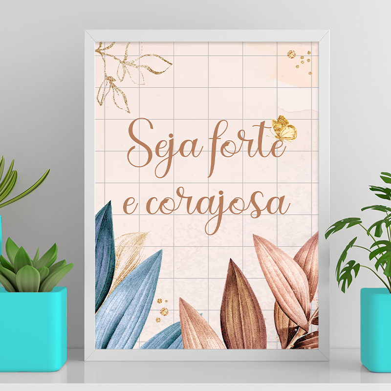 Miniatura: Seja forte e corajosa - Folhas e borboleta dourada