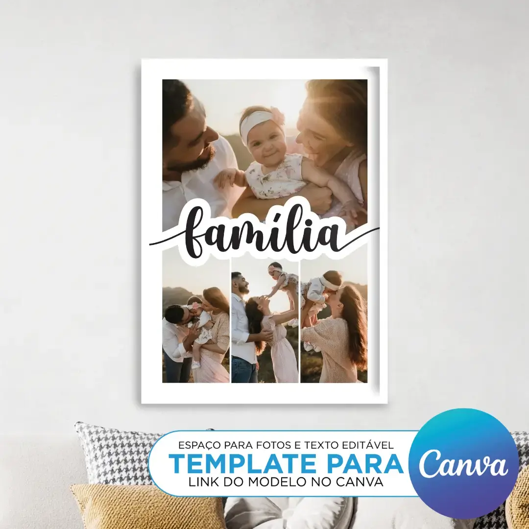 Arte Digital Imagem para Quadro Personalizado com fotos de família para imprimir Template Canva Editável Dia das Mães