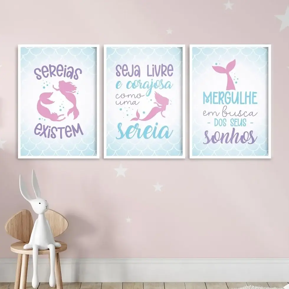 Arte Digital Imagem para Quadro Decorativo para Imprimir e decorar quarto infantil menina Frase Sereia Fundo do Mar Roxo Rosa