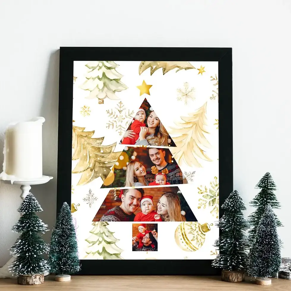 Arte Digital para Quadro Decorativo de Natal personalizado para Imprimir com árvore com 3 fotos e fundo branco e dourado