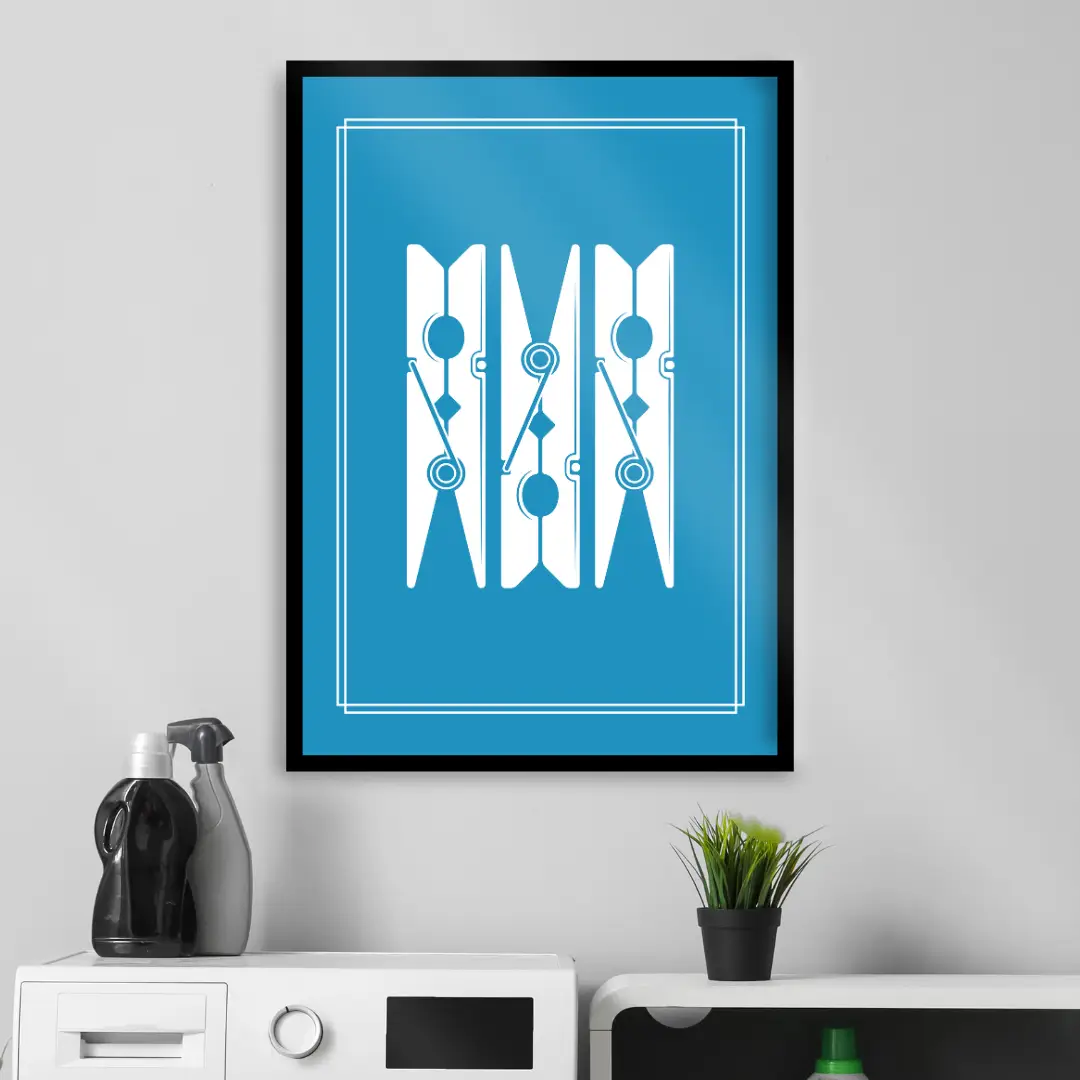 Imagem grátis para quadro decorativo em pdf para imprimir e decorar Lavanderia Prendedores Azul e Branco
