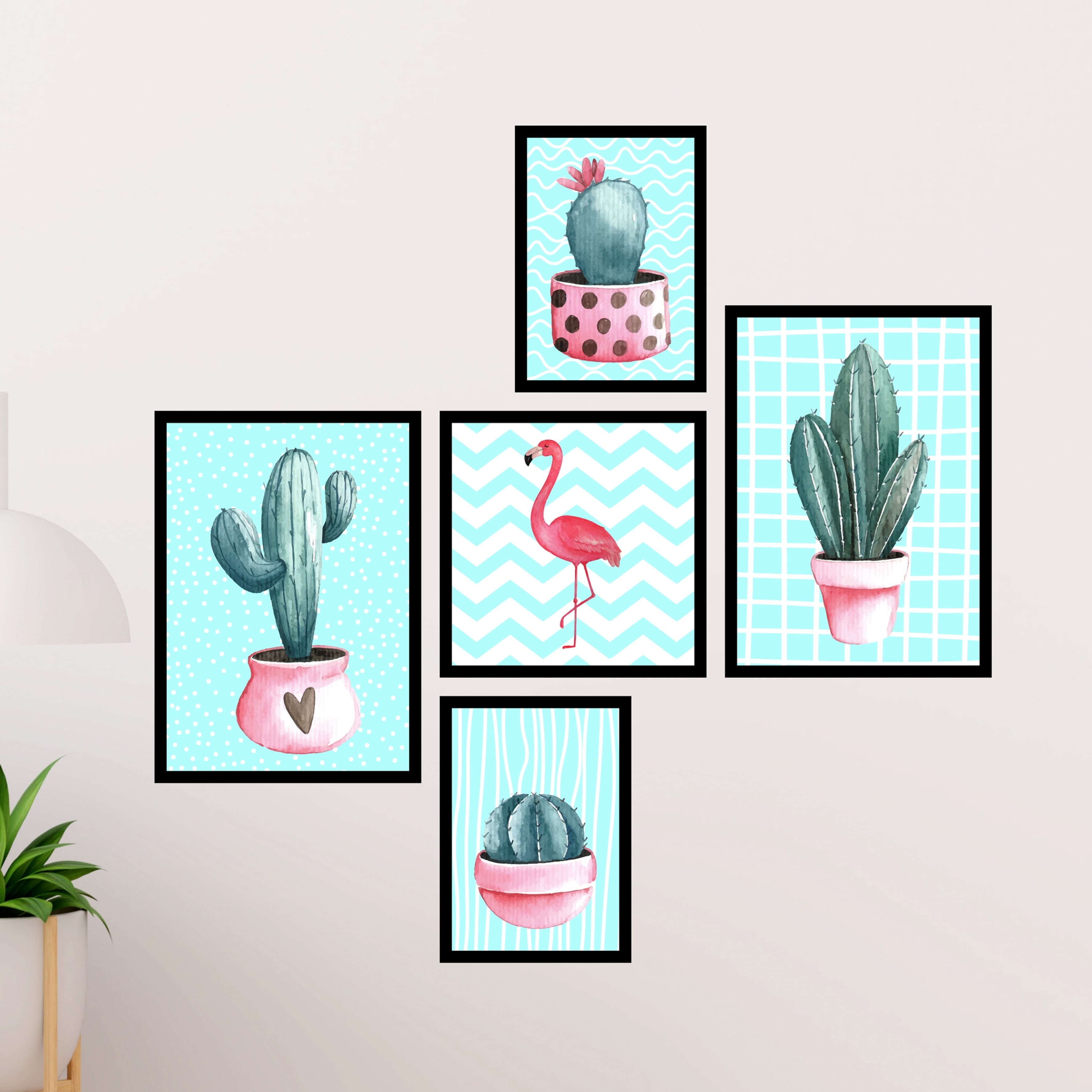 Flamingo e Cactos - Fundo Turquesa