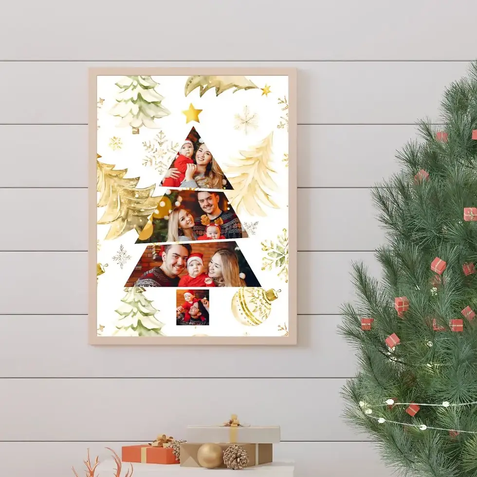 Arte Digital para Quadro Decorativo de Natal personalizado para Imprimir com árvore com 3 fotos e fundo branco e dourado