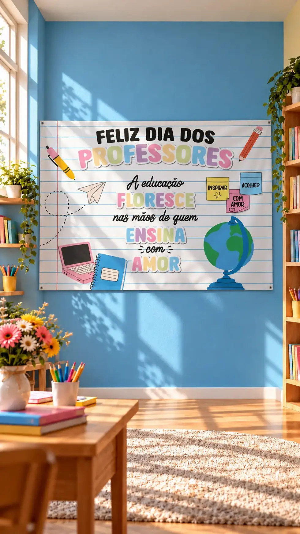 Painel gigante de Dia dos professores para imprimir grátis decoração para data comemorativa painel com folhas sulfite coladas pronto para montar e comemorar festa na escola