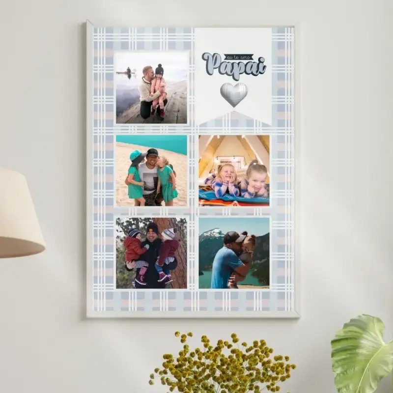 Arte digital para quadro decorativo para imprimir com frase Eu te amo papai fundo Xadrez e espaço para 5 fotos para presente de dia dos pais