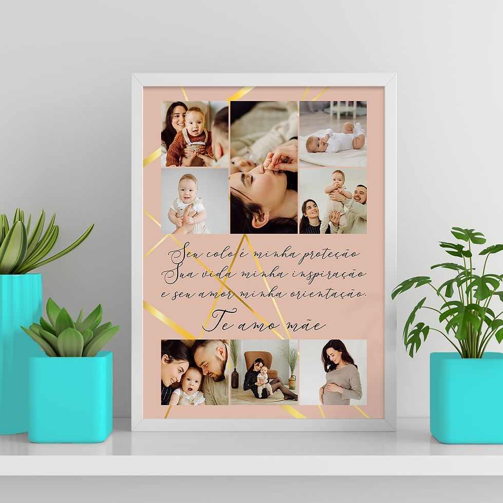Te amo Mãe - Seu colo é minha proteção - Rosa e Dourado com 8 fotos