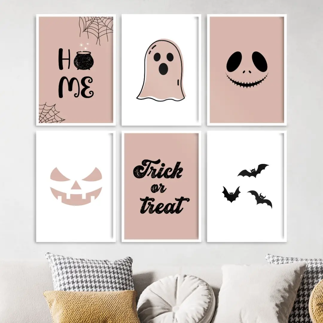 Kit de quadros decorativos rosa para o halloween, imagens para fazer download.