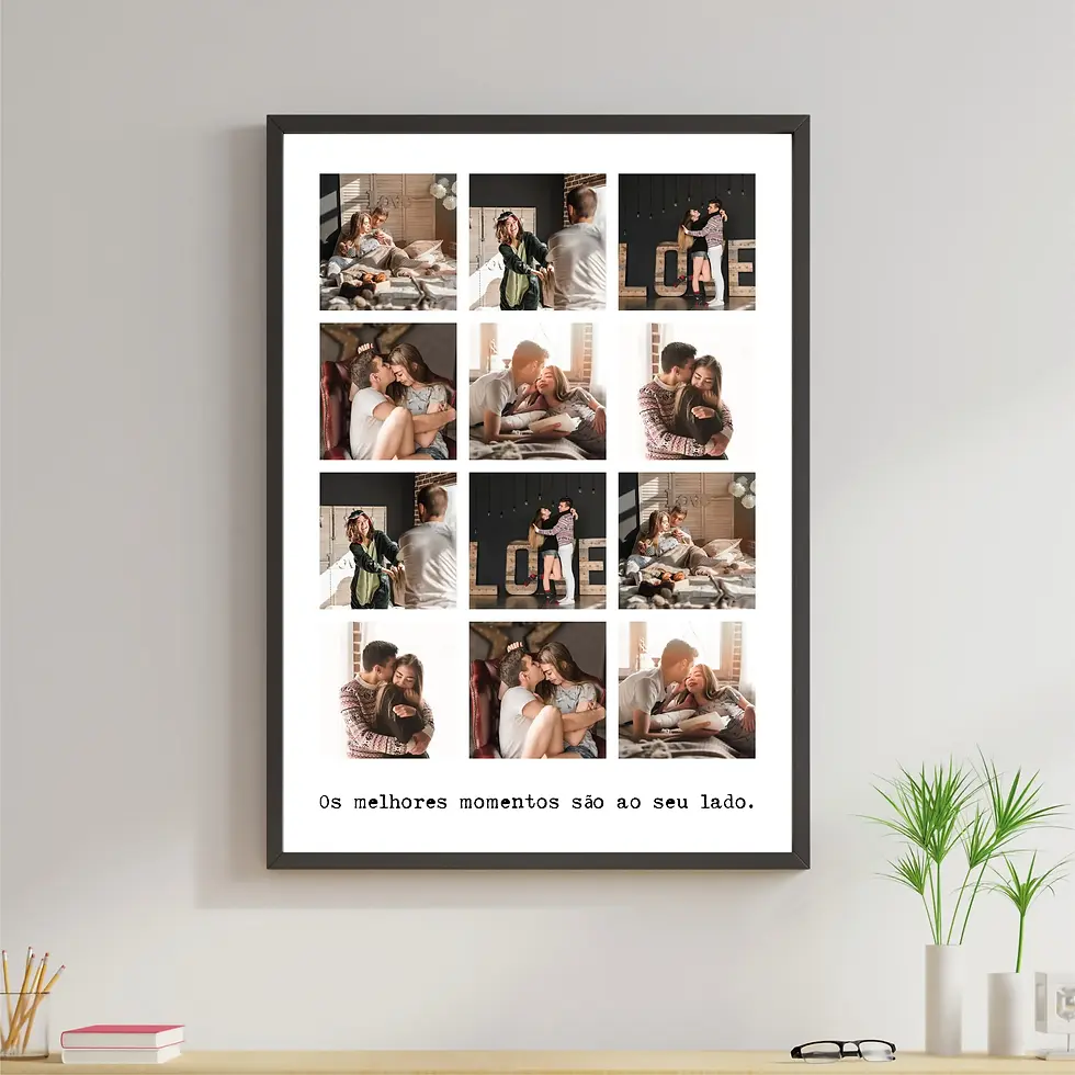 Arte digital para quadro decorativo para imprimir com frase Os melhores momentos são ao seu lado com 12 fotos  para presente de dia dos namorados