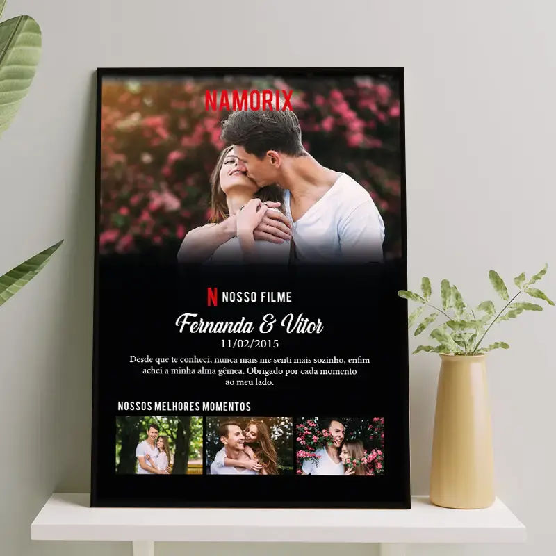 Arte digital para quadro decorativo para imprimir NAMORIX com 4 fotos e informações do casal para presente de dia dos namorados