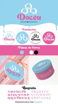 Criação de Logotipo Identidade Visual Logomarca de Doceria e Sorveteria nas cores azul e rosa e branco estilo criativo e fofo e feminino