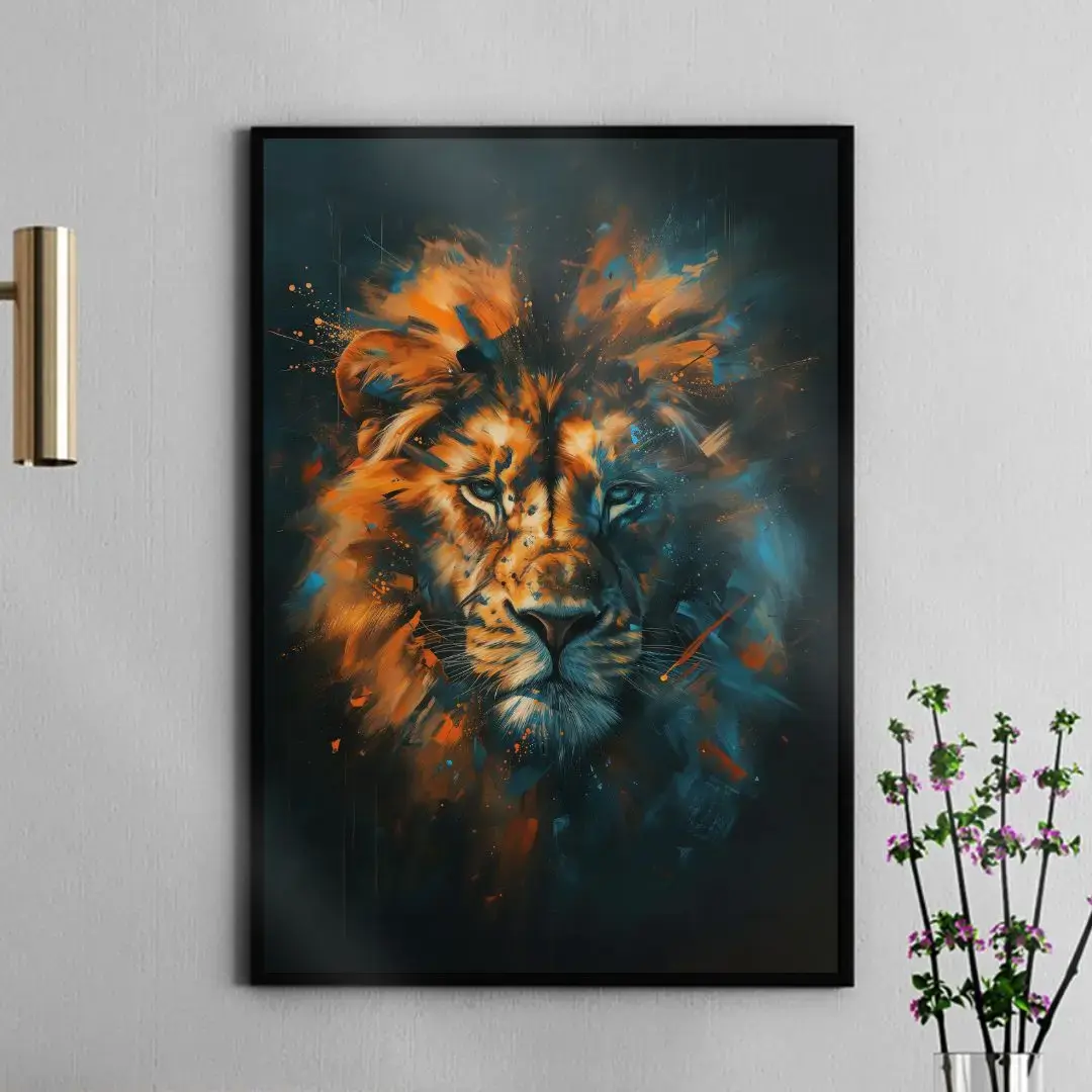 Arte Digital Imagem para Quadro Decorativo para Imprimir de Leão criado por IA Inteligência Artificial Grunge Explosão